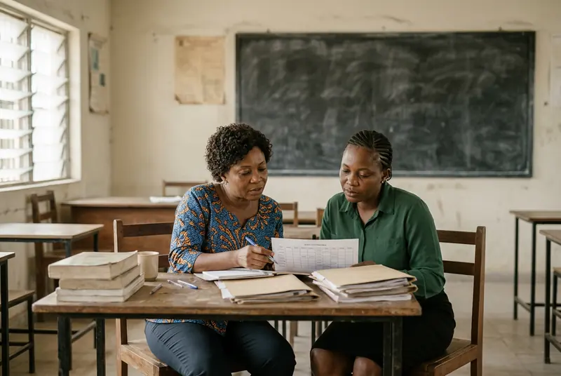 Two teachers in a staff room reviewing a printed class timetable.