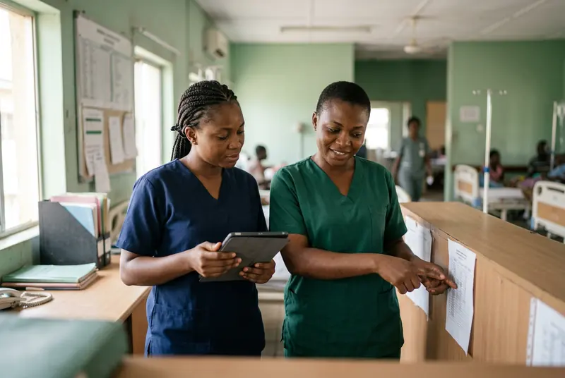 Two nurses at a ward station reading a printed shift roster together.