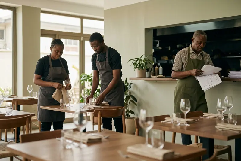 Restaurant staff setting tables before service while a supervisor checks a rota.