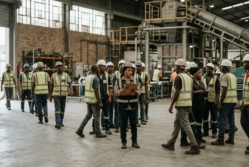 A supervisor counting the team on duty at a shift change on a factory floor.