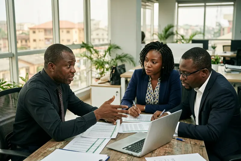 Three colleagues around a table working through printed schedules.