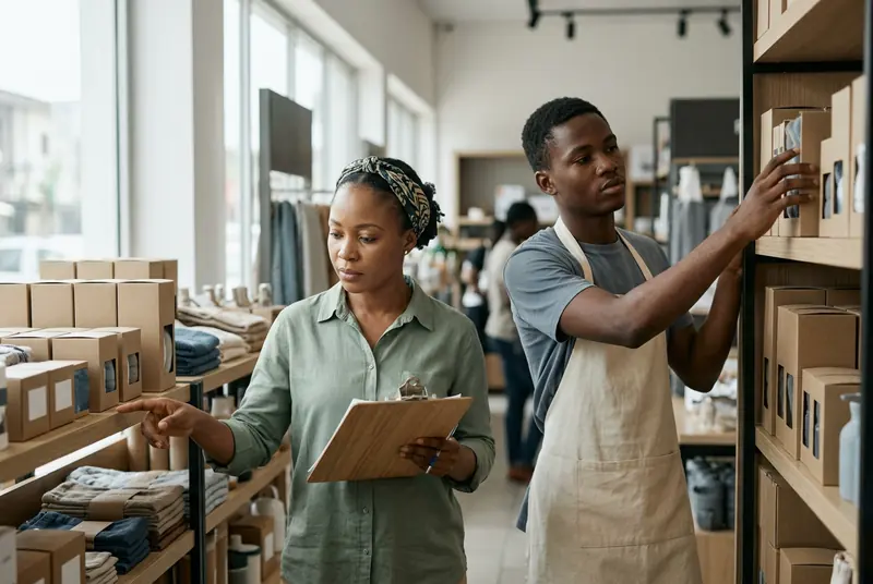 A shop supervisor with a clipboard checking stock beside a sales assistant.